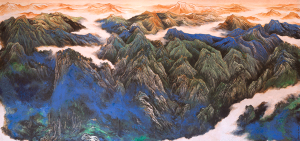 云横秦岭-1000cm×2000cm-2010年-设色纸本(为大明宫国家遗址公园--丹凤门绘制)